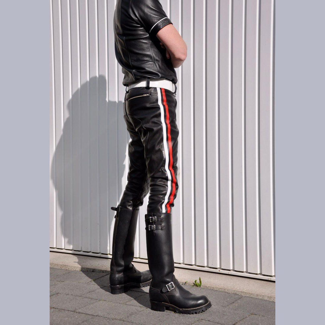 Men’s Cowhide Leather Quilted Biker Pants with Color Side Stripes
