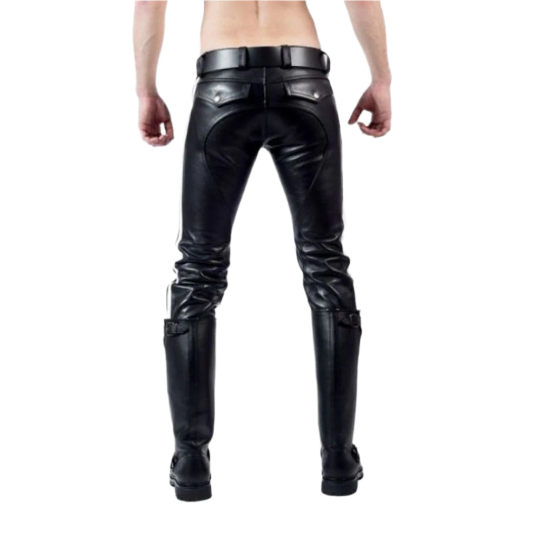 Men's Cowhide Leather Biker Pants β BLUF Style with Contrast Stripes
