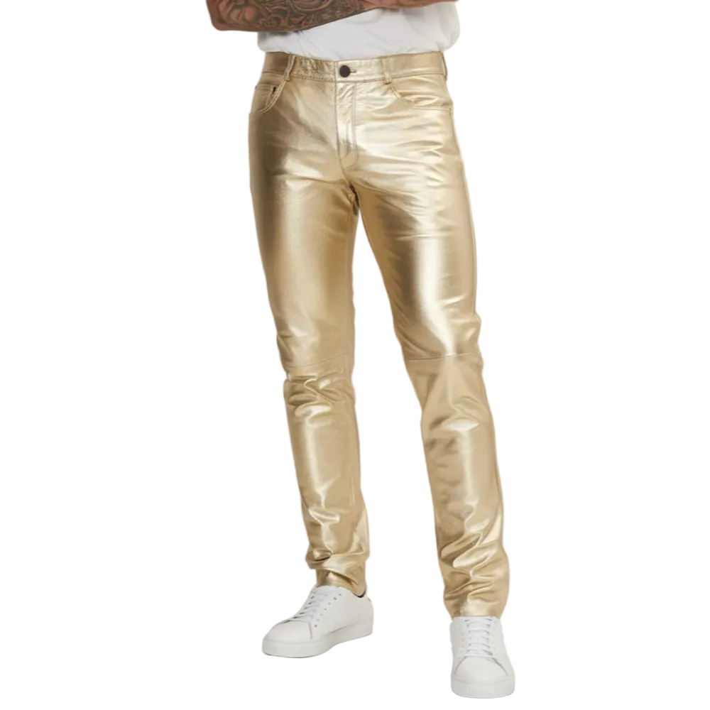 Men’s Shiny Metallic Gold Lamb Leather Slim Fit Pants