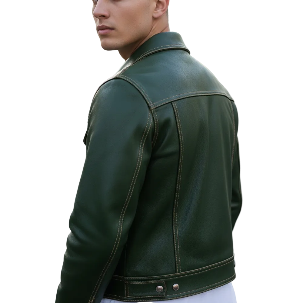 Men’s Green Cow Leather Trucker Jacket - Contrast Stitch  Levi's Style