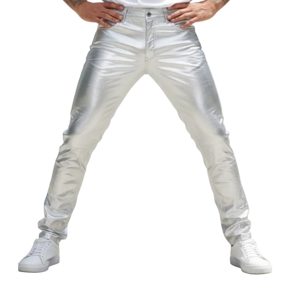Men’s Shiny Metallic Silver Lamb Leather Slim Fit Pants