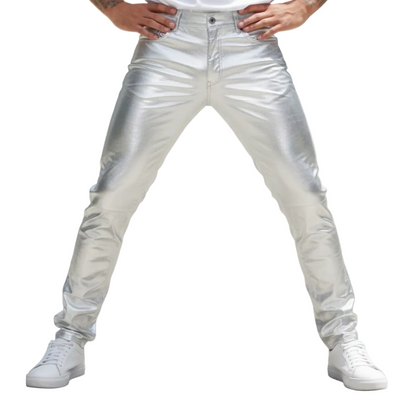 Men’s Shiny Metallic Silver Lamb Leather Slim Fit Pants