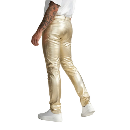 Men’s Shiny Metallic Gold Lamb Leather Slim Fit Pants