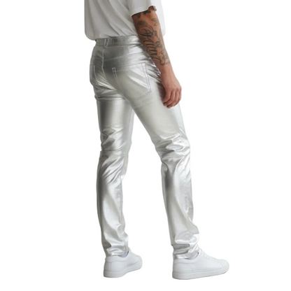 Men’s Shiny Metallic Silver Lamb Leather Slim Fit Pants