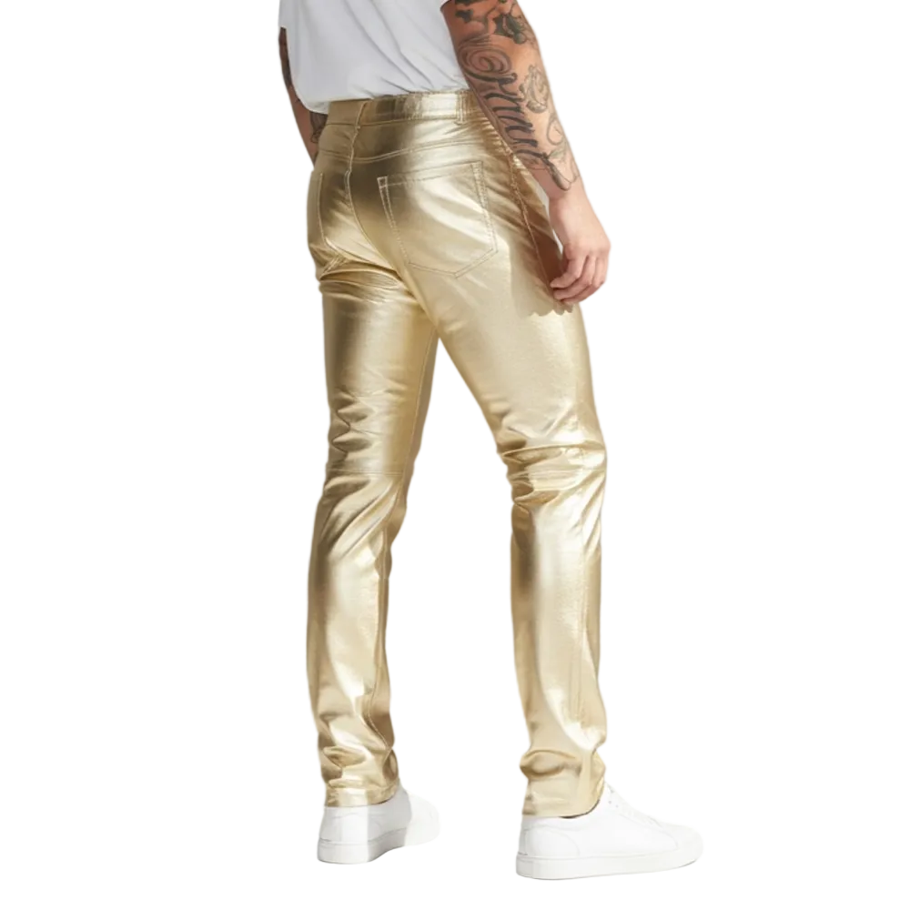 Men’s Shiny Metallic Gold Lamb Leather Slim Fit Pants
