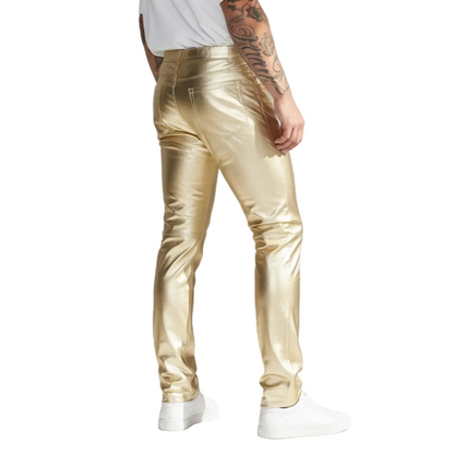 Men’s Shiny Metallic Gold Lamb Leather Slim Fit Pants