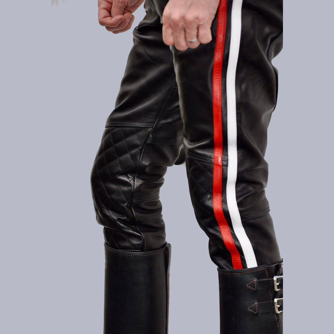 Men’s Cowhide Leather Quilted Biker Pants with Color Side Stripes