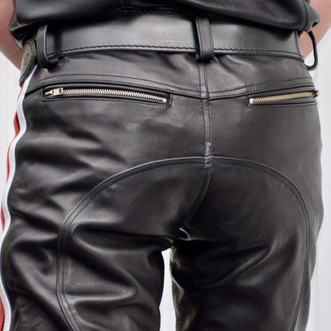 Men’s Cowhide Leather Quilted Biker Pants with Color Side Stripes