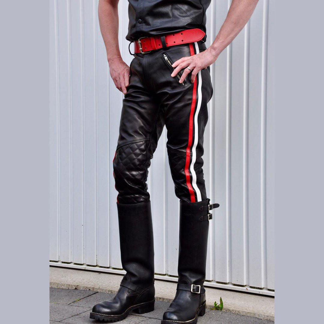 Men’s Cowhide Leather Quilted Biker Pants with Color Side Stripes