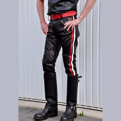Men’s Cowhide Leather Quilted Biker Pants with Color Side Stripes