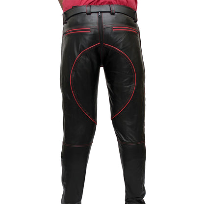 Men's Cowhide Leather Biker Pants with Quilted Panels & Piping
