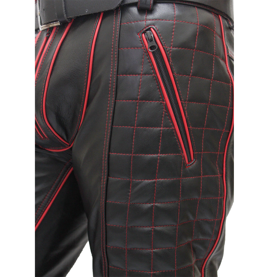 Men's Cowhide Leather Biker Pants with Quilted Panels & Piping