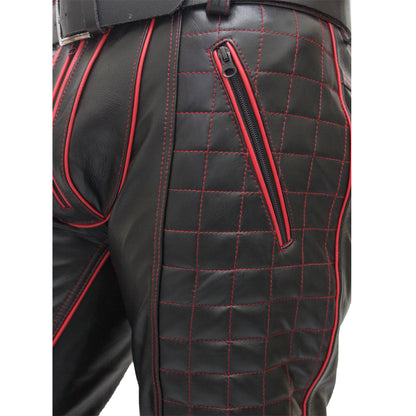 Men's Cowhide Leather Biker Pants with Quilted Panels & Piping
