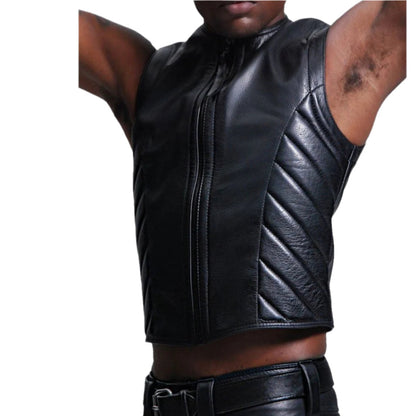Men’s Black Cowhide Leather Biker Vest with Quilted Side Panels
