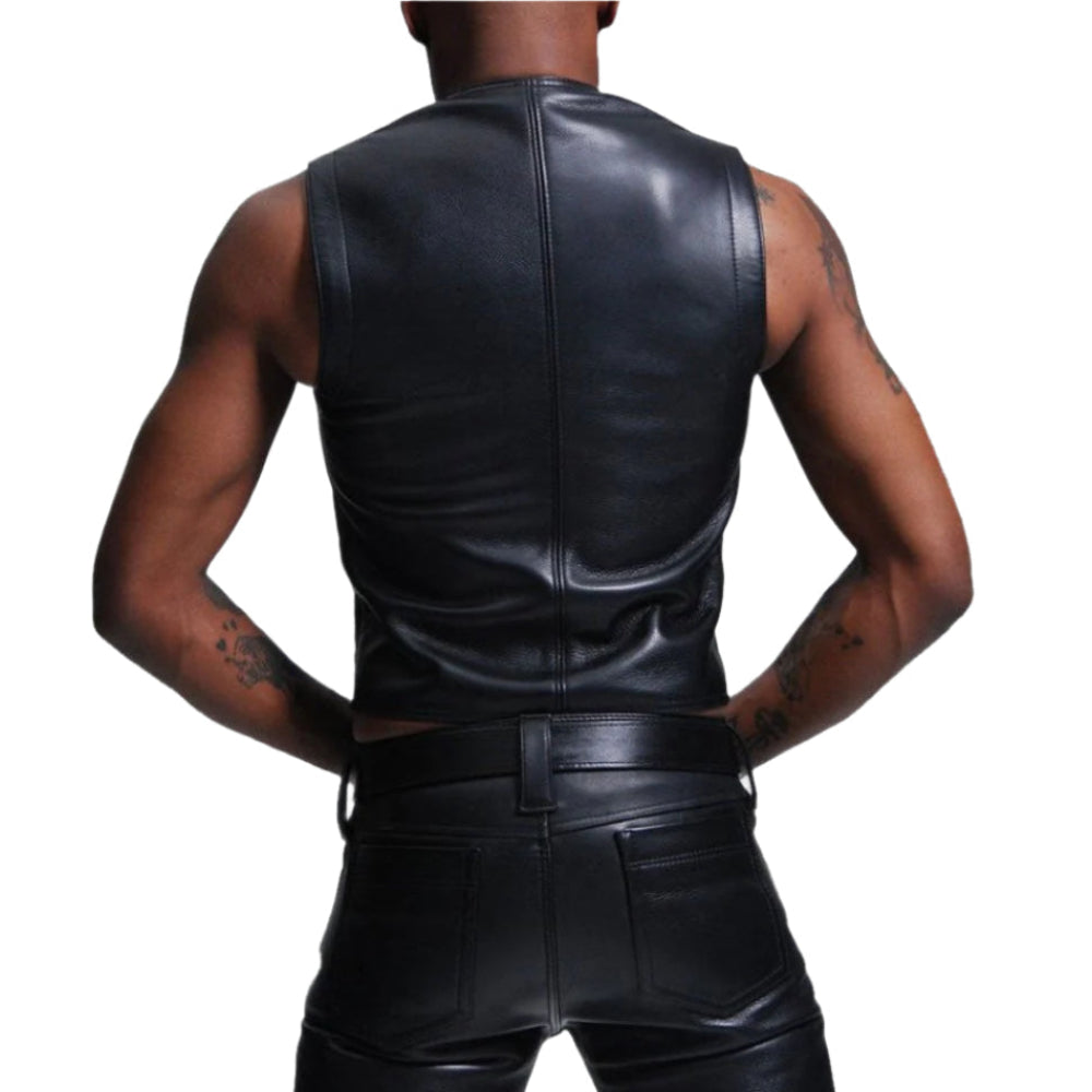 Men’s Black Cowhide Leather Biker Vest with Quilted Side Panels