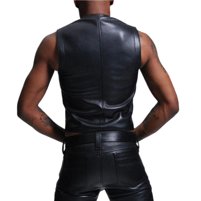 Men’s Black Cowhide Leather Biker Vest with Quilted Side Panels