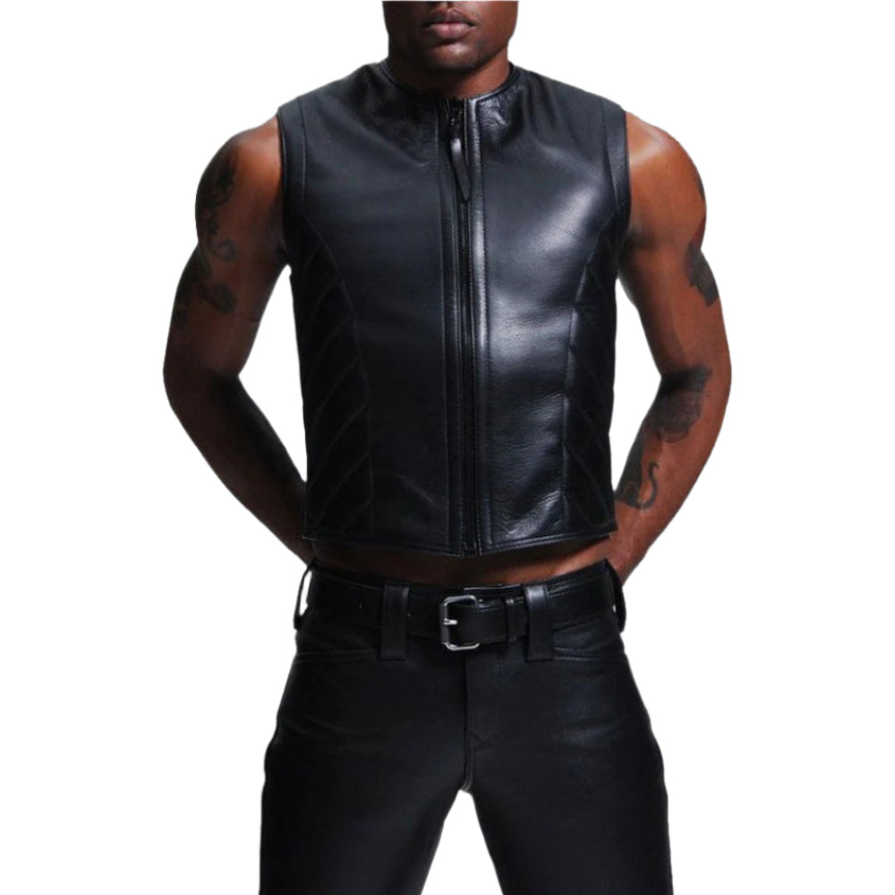Men’s Black Cowhide Leather Biker Vest with Quilted Side Panels