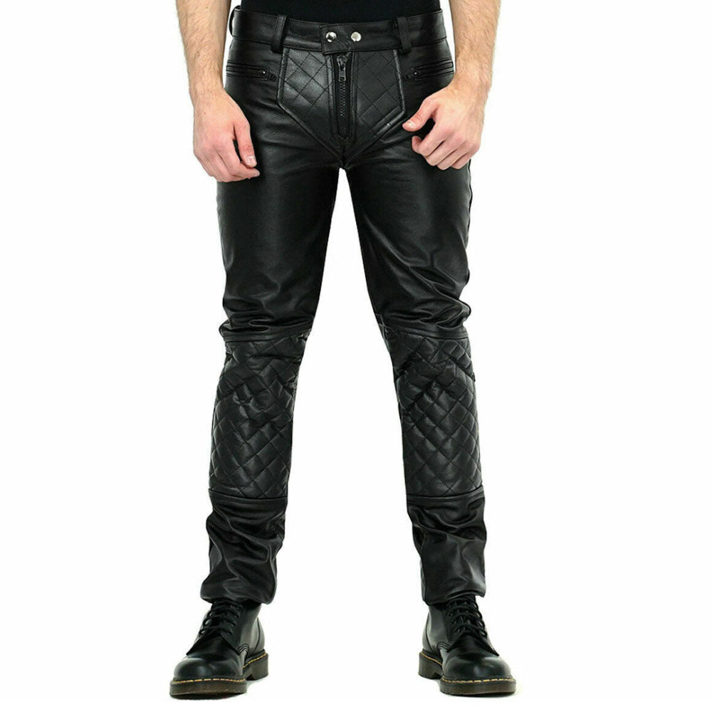 Men’s Cowhide Quilted Biker Leather Pants – BLUF Style with Zippers