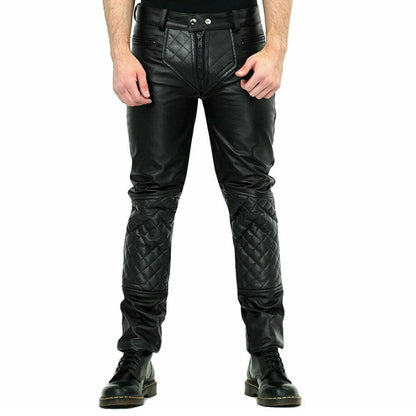 Men’s Cowhide Quilted Biker Leather Pants – BLUF Style with Zippers