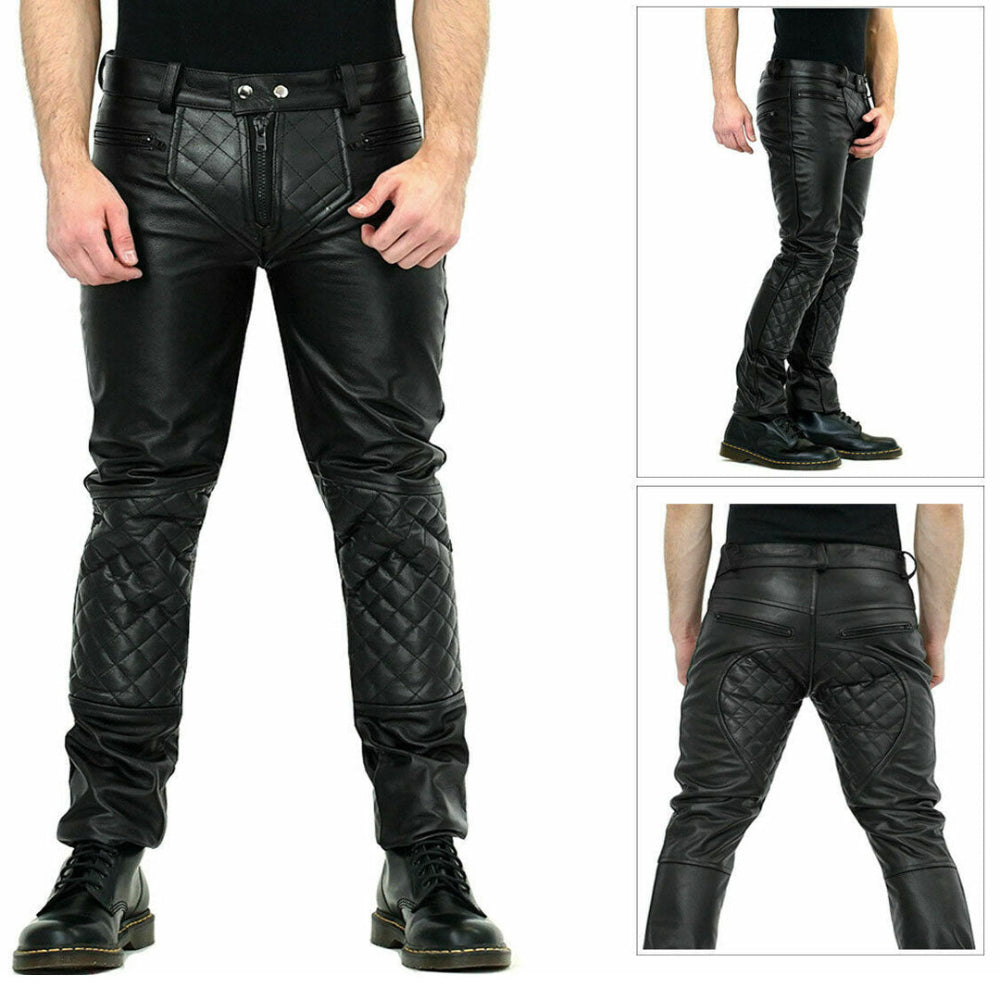Men’s Cowhide Quilted Biker Leather Pants – BLUF Style with Zippers