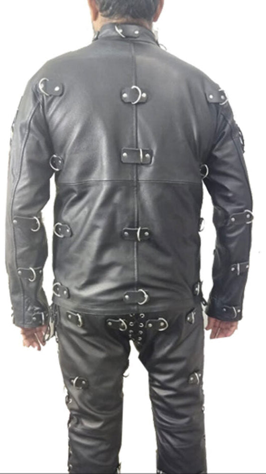 Men’s Heavy Duty Leather Bondage Suit – Full Body Restriction Catsuit with D-Rings