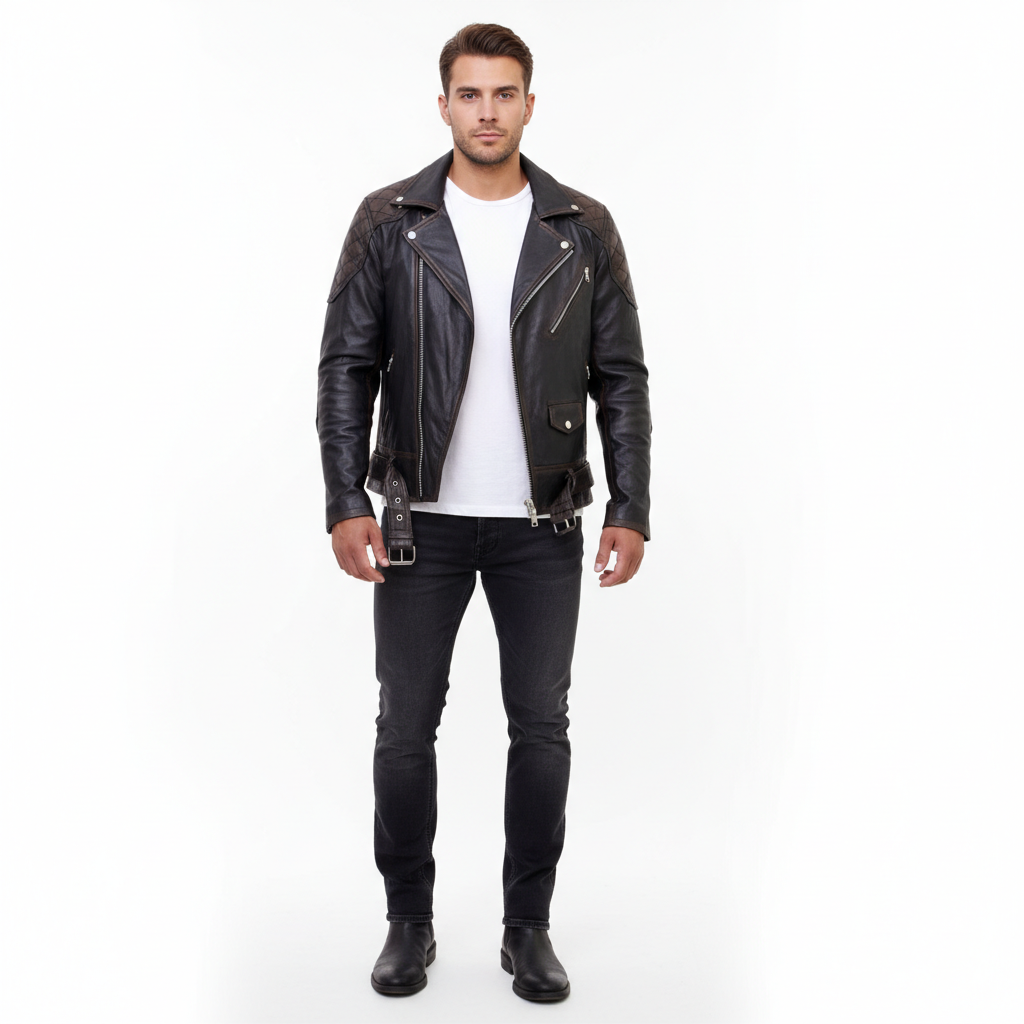 Men's Distressed Cowhide Biker Jacket – Brando Style with Quilted Panels