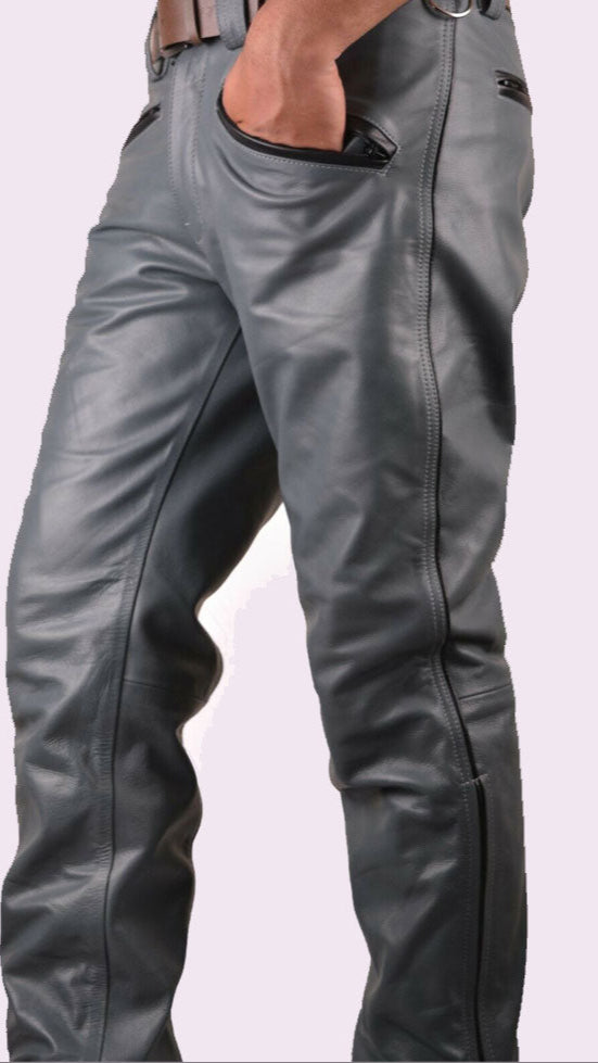 Men’s Grey Cowhide Leather Biker Pants – BLUF Style Trousers