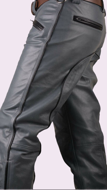 Men’s Grey Cowhide Leather Biker Pants – BLUF Style Trousers
