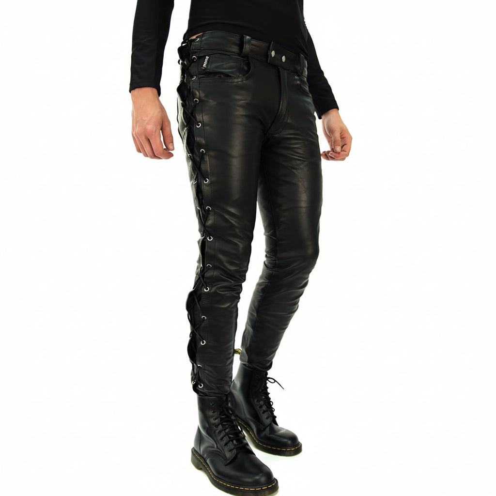 Men's Cowhide Leather Lace-Up Biker Pants with 5 Pockets