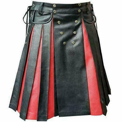 Men’s Real Cowhide Leather Utility Kilt with Side Laces, Pockets & Red/Blue Trims