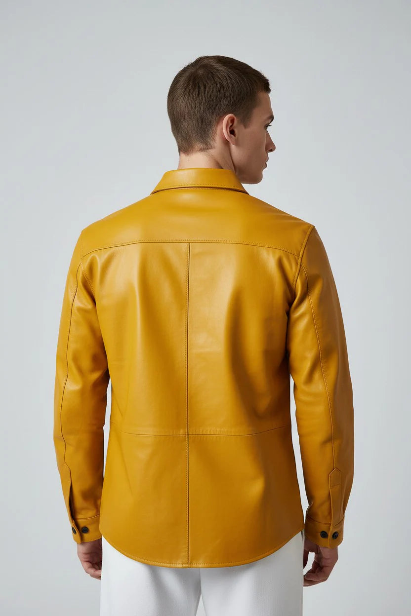 Men’s Yellow Real Leather Shirt – Full Sleeve Snap Button Chest Pocket