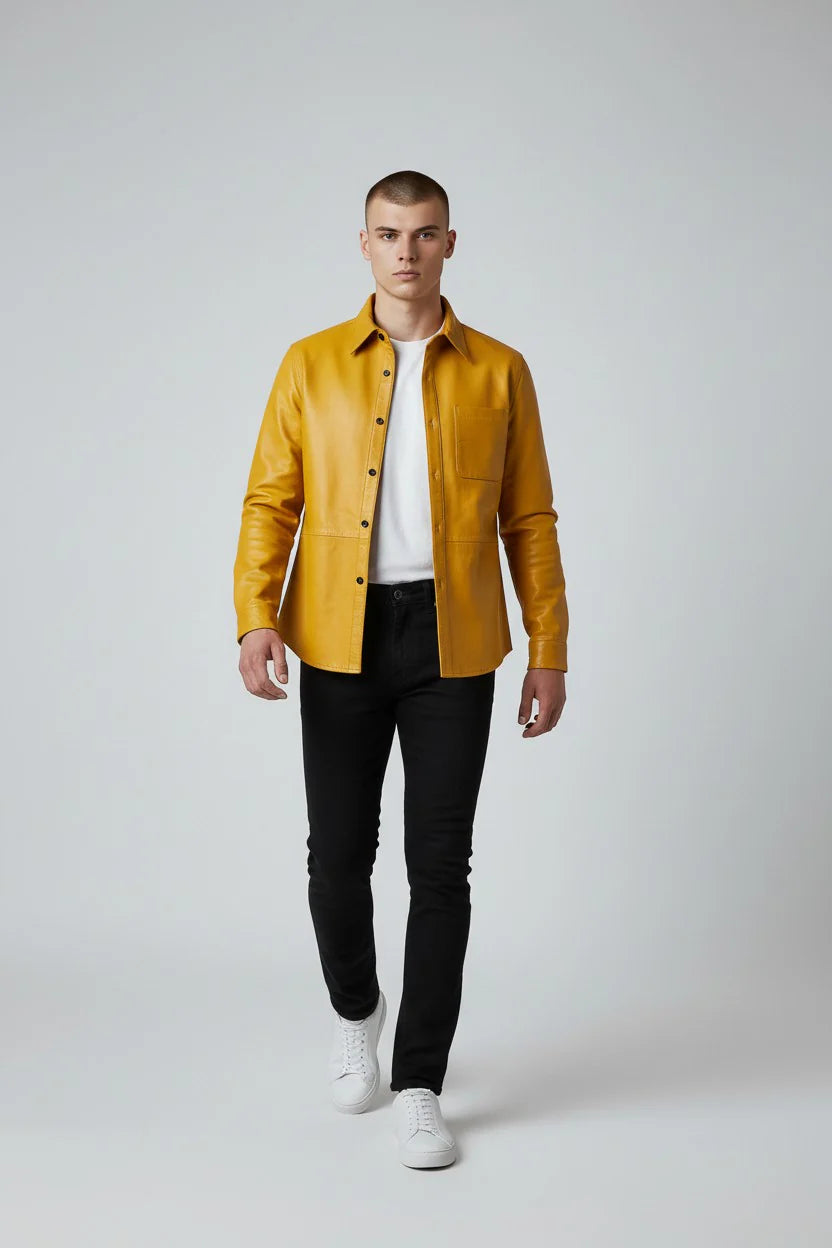 Men’s Yellow Real Leather Shirt – Full Sleeve Snap Button Chest Pocket