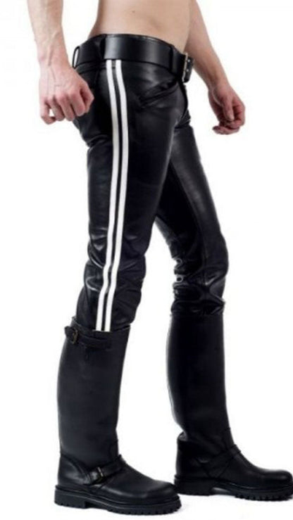 Men's Cowhide Leather Biker Pants – BLUF Style with Contrast Stripes
