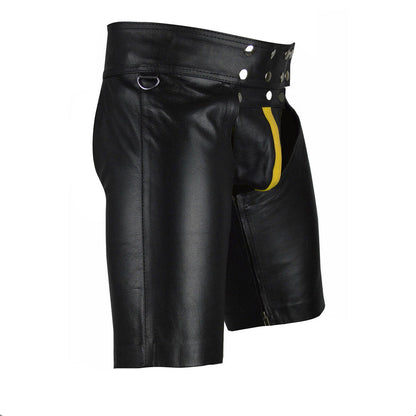Men’s Cowhide Leather Chaps Shorts with Detachable Codpiece