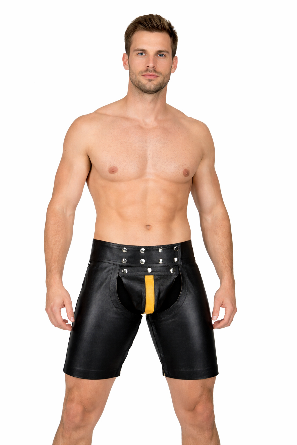 Men’s Cowhide Leather Chaps Shorts with Detachable Codpiece