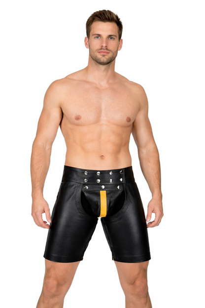 Men’s Cowhide Leather Chaps Shorts with Detachable Codpiece