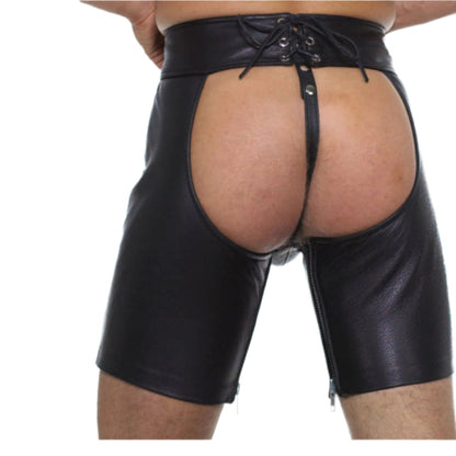 Men’s Leather Chaps with Detachable Jockstrap – Real Cowhide Fetish Shorts