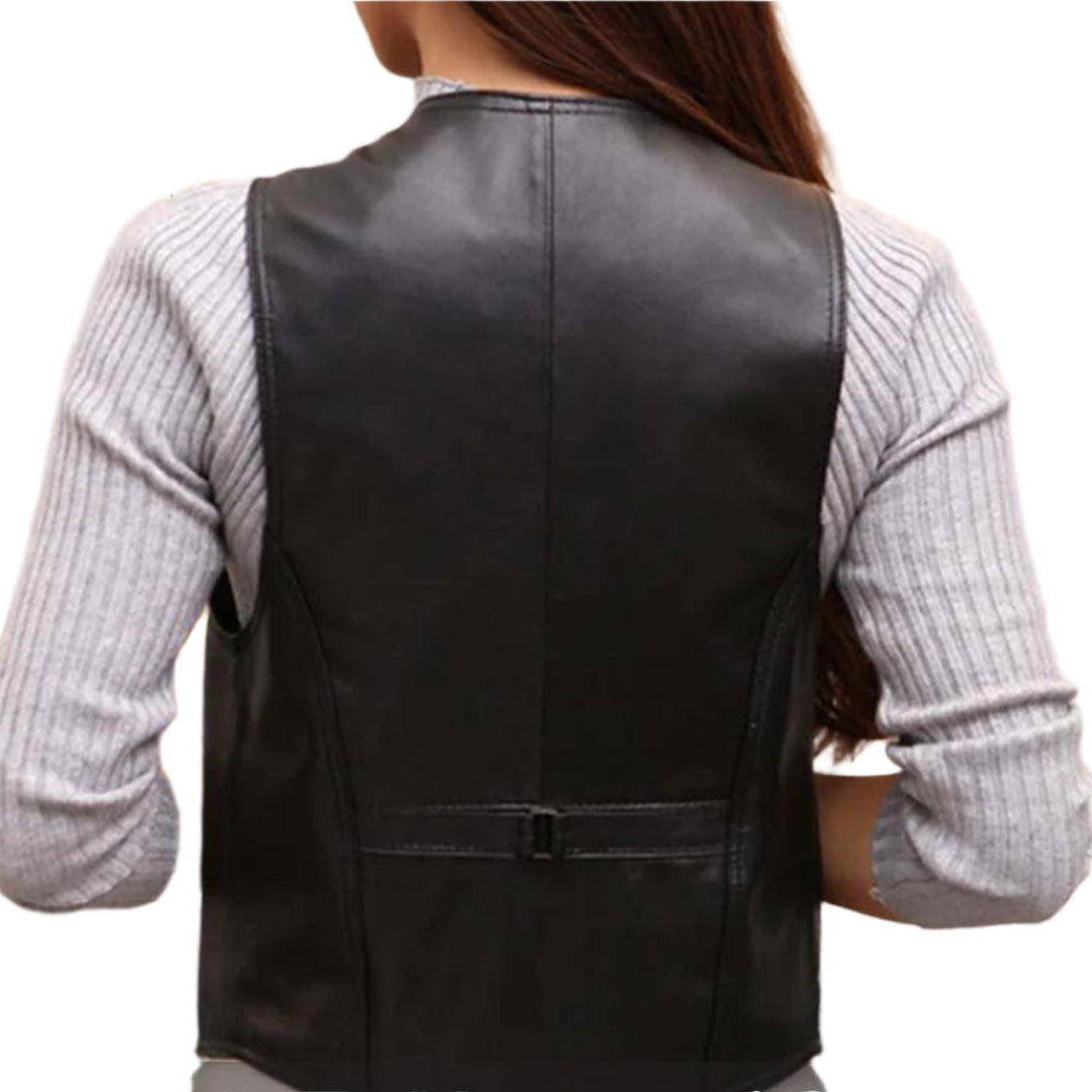 Women's Lambskin Leather Vest – Elegant V-Neck Leisurewear