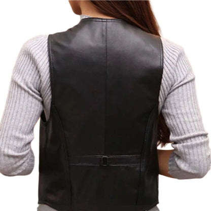 Women's Lambskin Leather Vest – Elegant V-Neck Leisurewear