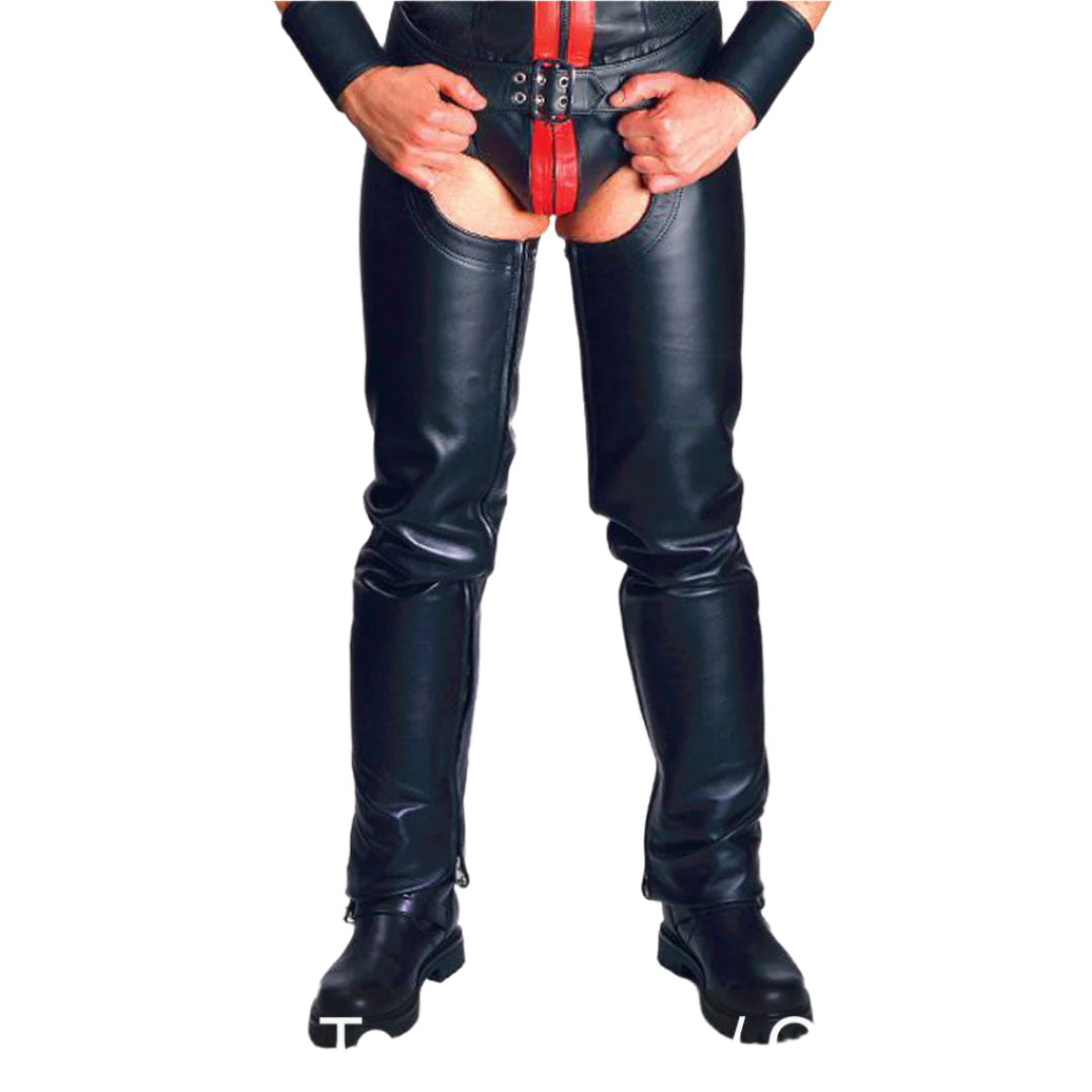 Men’s Leather Biker Chaps – Cowhide Chaps with Detachable Codpiece & Red Stripes