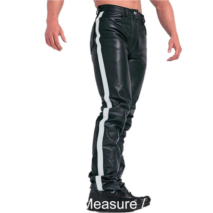 Men’s Leather Biker Pants – 5 Pocket Cowhide Trousers with Stripes