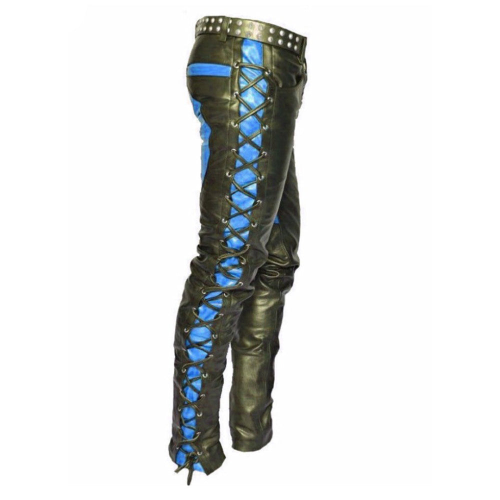 Men’s Cowhide Leather Biker Pants – Lace-Up Front & Side In Three Contrast Colors