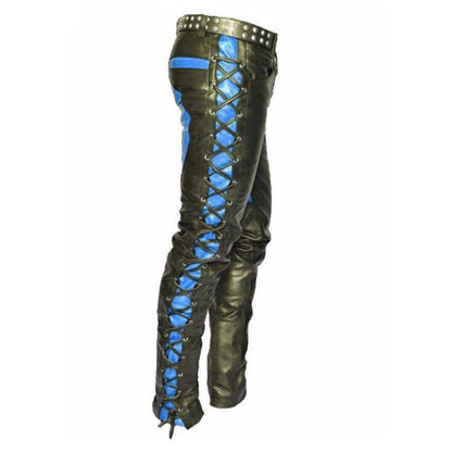 Men’s Cowhide Leather Biker Pants – Lace-Up Front & Side In Three Contrast Colors
