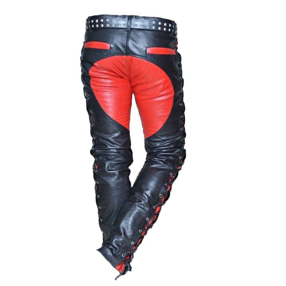 Men’s Cowhide Leather Biker Pants – Lace-Up Front & Side In Three Contrast Colors