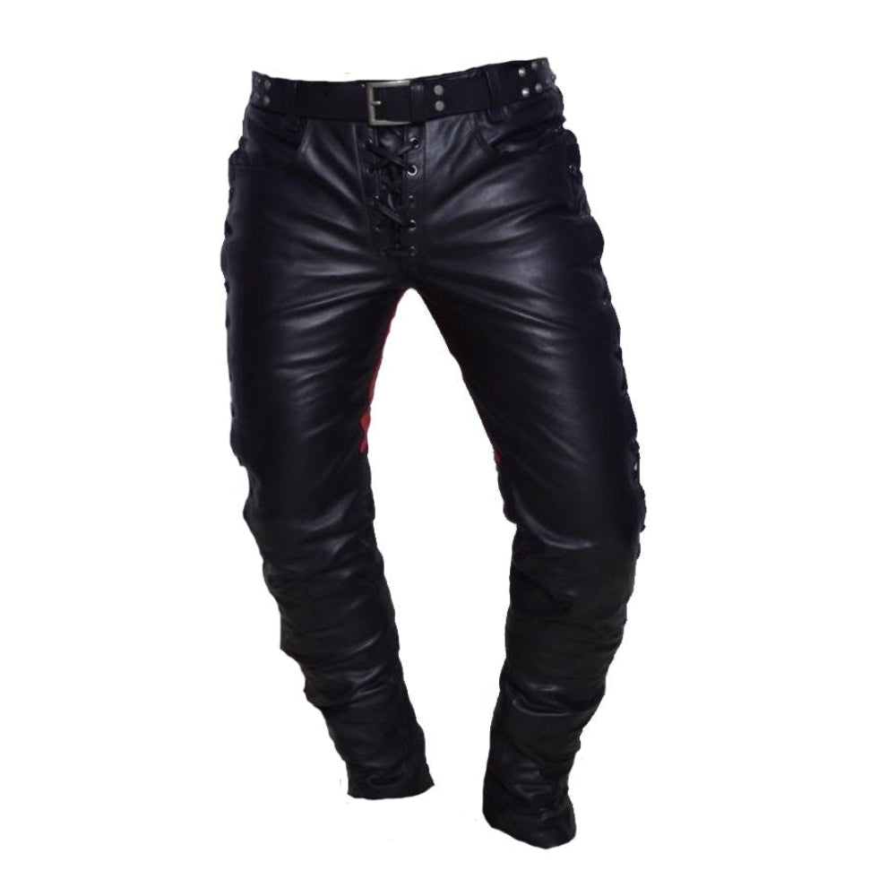 Men’s Cowhide Leather Biker Pants – Lace-Up Front & Side In Three Contrast Colors