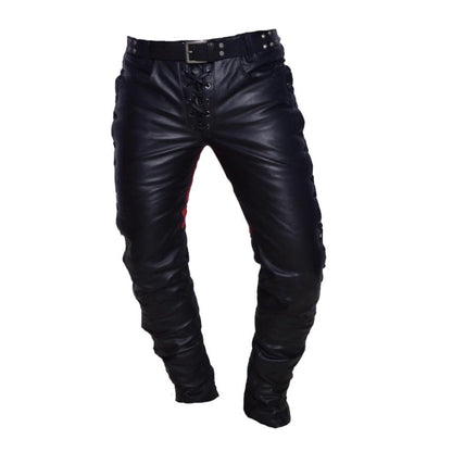Men’s Cowhide Leather Biker Pants – Lace-Up Front & Side In Three Contrast Colors