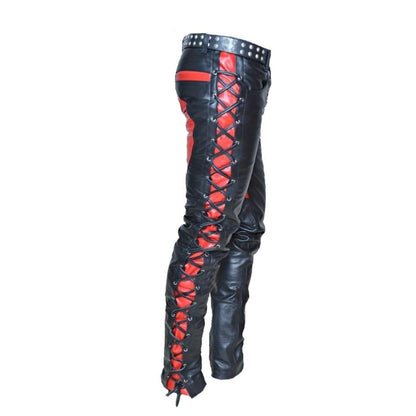 Men’s Cowhide Leather Biker Pants – Lace-Up Front & Side In Three Contrast Colors