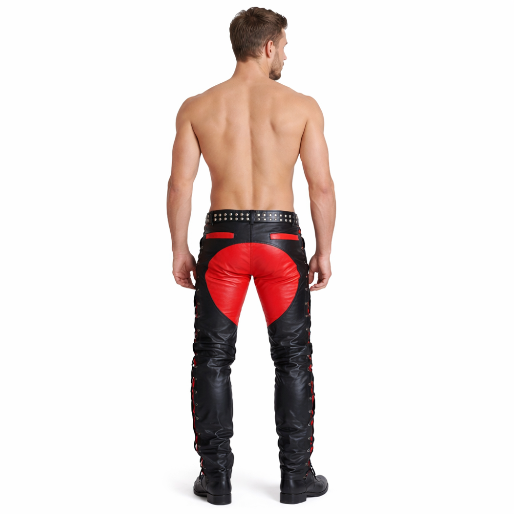 Men’s Cowhide Leather Biker Pants – Lace-Up Front & Side In Three Contrast Colors