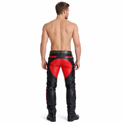 Men’s Cowhide Leather Biker Pants – Lace-Up Front & Side In Three Contrast Colors