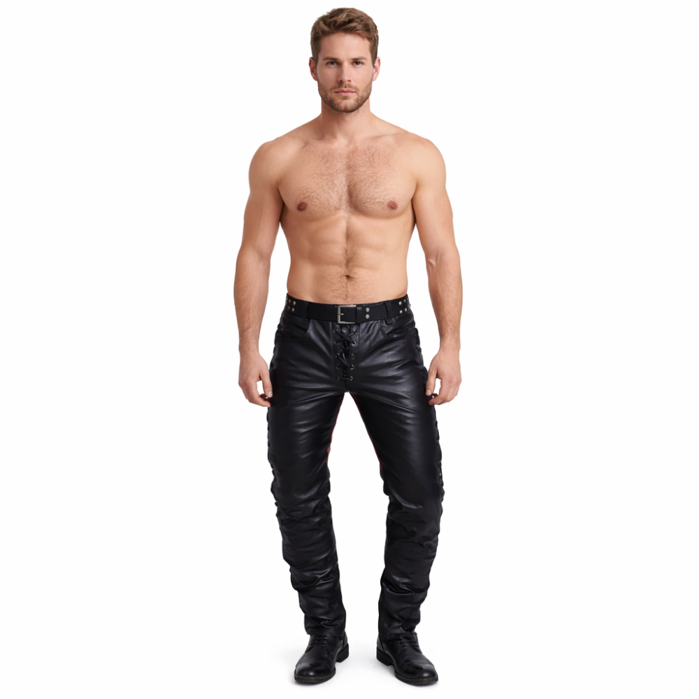 Men’s Cowhide Leather Biker Pants – Lace-Up Front & Side In Three Contrast Colors